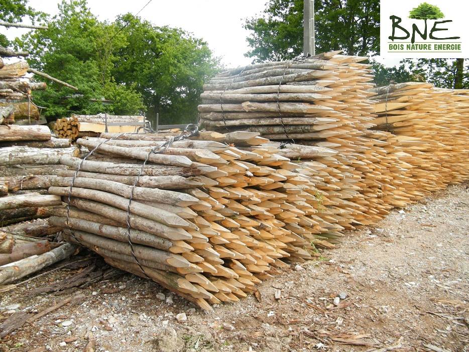 Piquets de clôtures en bois de châtaignier sciés et écorcés